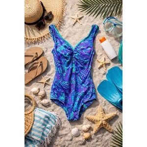 Vintage Maxine of Hollywood Floral One Piece Swimsuit Purple Teal Pink XS